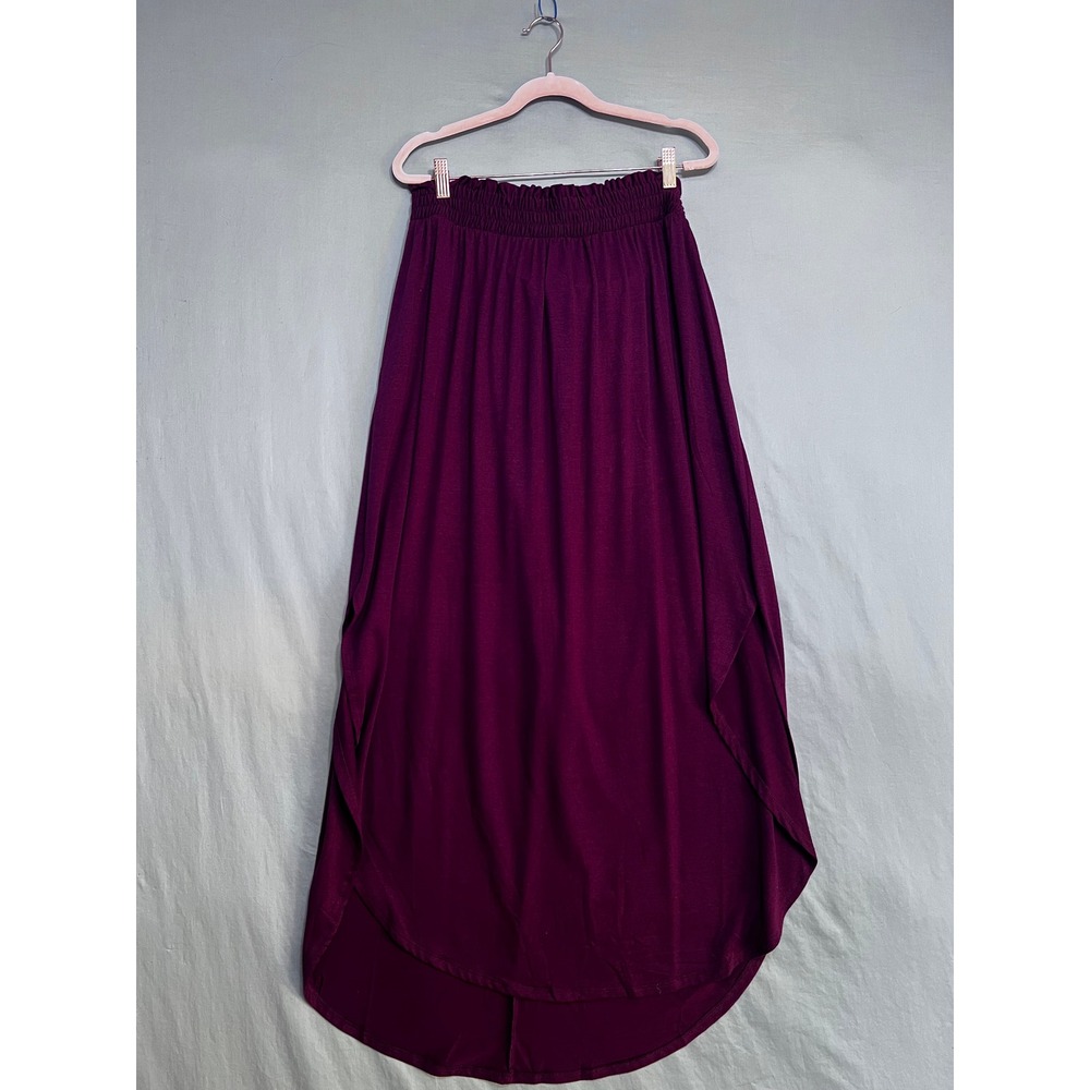 Burgundy Elastic Waist High Low Tulip Hem Maxi Skirt Flowy Solid Long Skirt